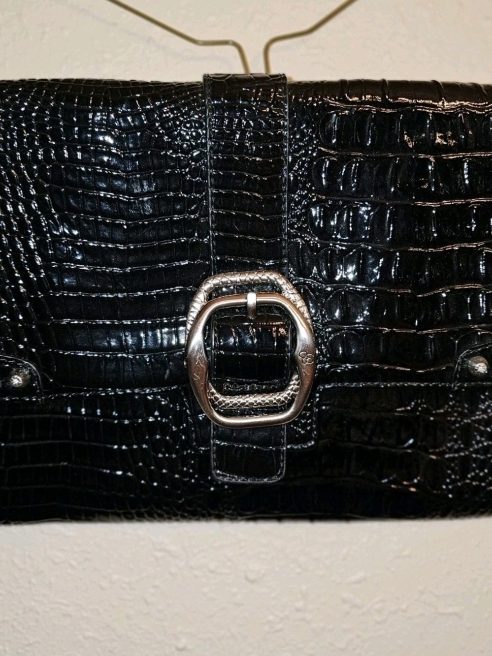 Jessica Simpson Black Croc-Embossed Clutch with Silver Buckle